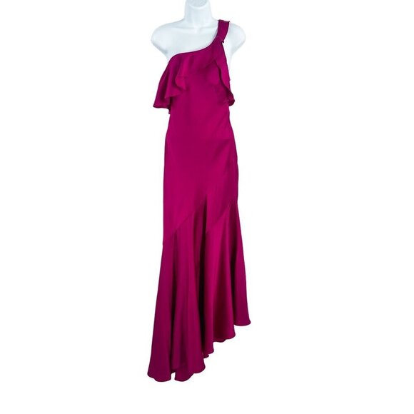 Galvan London Flora One Shoulder Satin Ruffle Asymmetrical Gown Maxi Dress - Picture 4 of 14